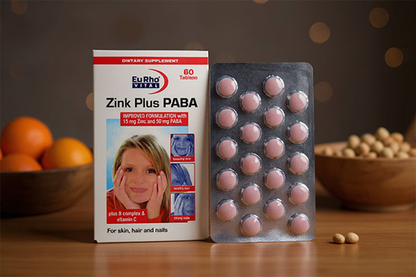 قرص زینک پلاس پابا یوروویتال همراه با مواد غذایی سالم