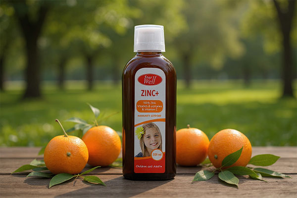 شربت زینک پلاس استارول با پرتقال و برگ‌های سبز
