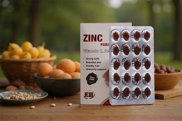 کپسول زینک پلاس پابا ای اچ کنار مواد غذایی سالم