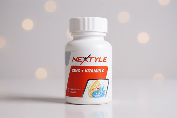 قرص نکستایل زینک ویتامین سی روی سطح سفید