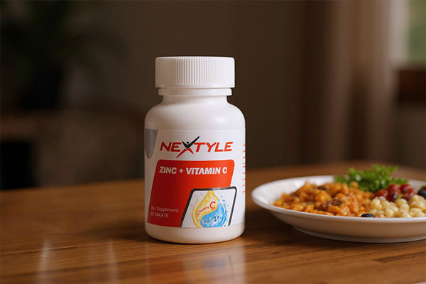 قرص زینک ویتامین سی نکستایل کنار صبحانه سالم