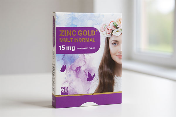 قرص زینک گلد 15 مولتی نرمال شهاب درمان روی سطح سفید با میوهها