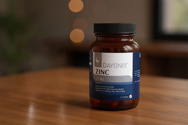 قرص زینک دایونیکس فارما کنار لیوان آب