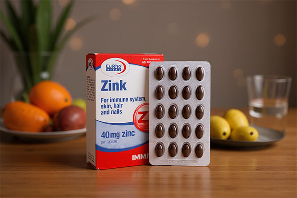 کپسول زینک 40 یوروویتال در کنار مواد غذایی سالم