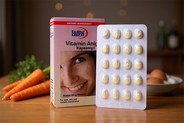 کپسول ویتامین آ یوروویتال همراه با مواد غذایی سالم