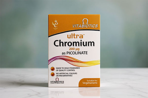 بسته‌بندی قرص اولترا کروم 200 میکروگرم ویتابیوتیکس روی سطح مرمر سفید