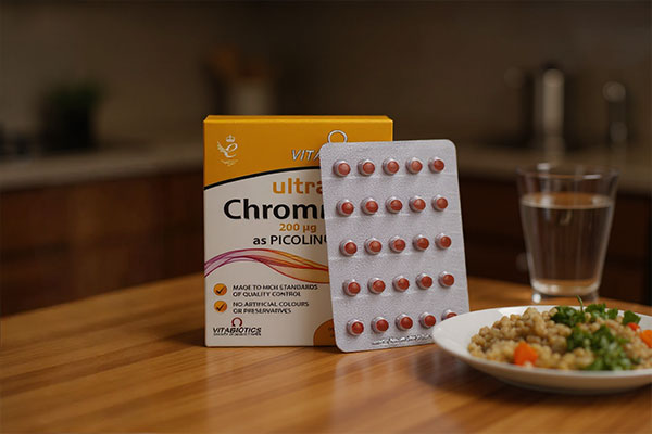 قرص اولترا کروم 200 میکروگرم ویتابیوتیکس کنار لیوان آب و غذای سالم