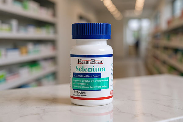 تصویر قرص سلنیوم هلث برست روی پیشخوان سفید