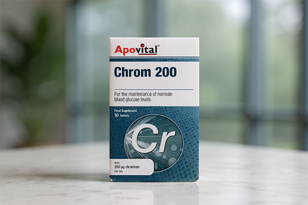 بطری قرص کروم 200 آپوویتال روی پیشخوان سفید