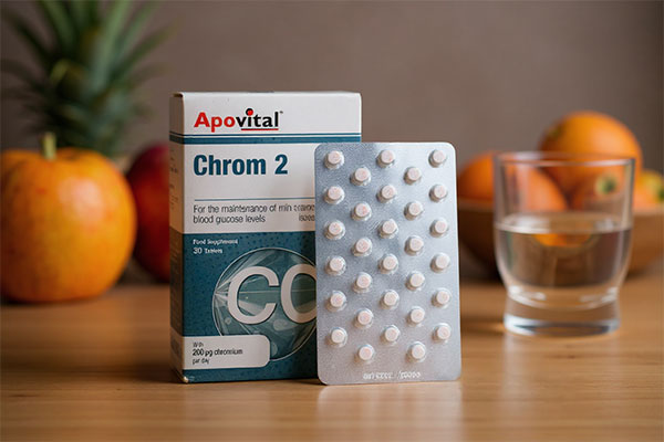 قرص کروم آپوویتال کنار لیوان آب و میوه‌ها