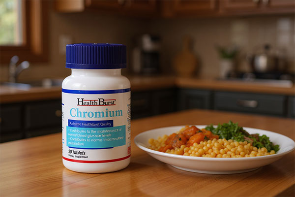 قرص کرومیوم هلث برست کنار وعده غذایی سالم