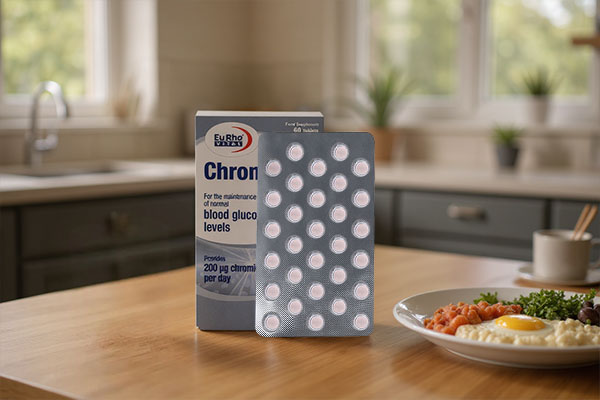 قرص کروم یوروویتال کنار صبحانه سالم