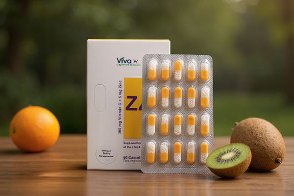 کپسول زینک پلاس ویواتیون کنار میوه‌های تازه و لیوان آب