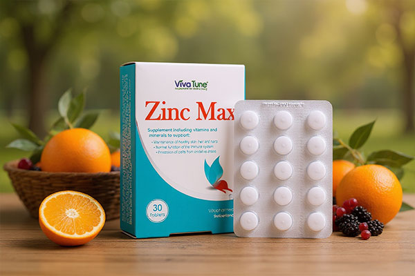 قرص زینک مکس ویواتیون در کنار میوه‌های تازه