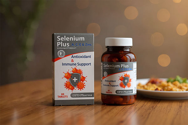 تصویر قرص سلنیوم پلاس او پی دی فارما در کنار صبحانه سالم