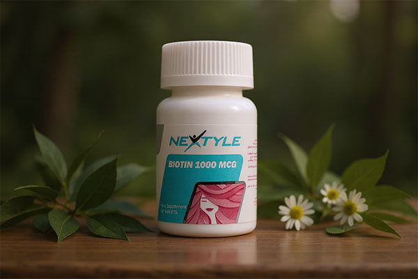 قرص بیوتین نکستایل در کنار عناصر طبیعی