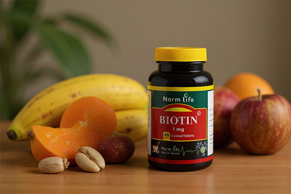 قرص بیوتین نورم لایف کنار مواد غذایی سالم
