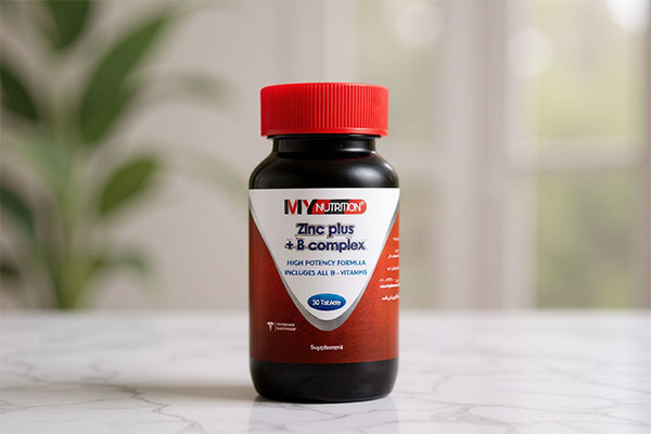 تصویر قرص زینک پلاس ب کمپلکس مای نوتریشن روی سطح سفید