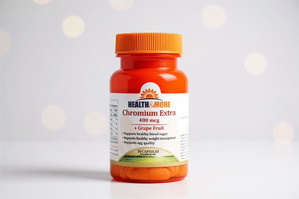 کپسول کروم اکسترا 400 میکروگرمی هلث اند مور روی سطح سفید