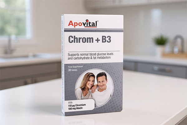 قرص کروم پلاس ویتامین ب3 آپوویتال روی میز سفید