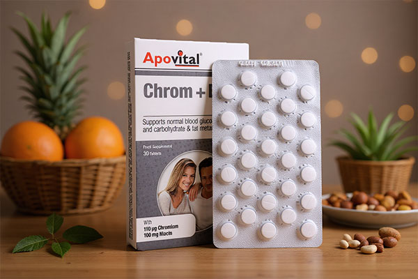 قرص کروم b3 آپوویتال همراه با مواد غذایی سالم