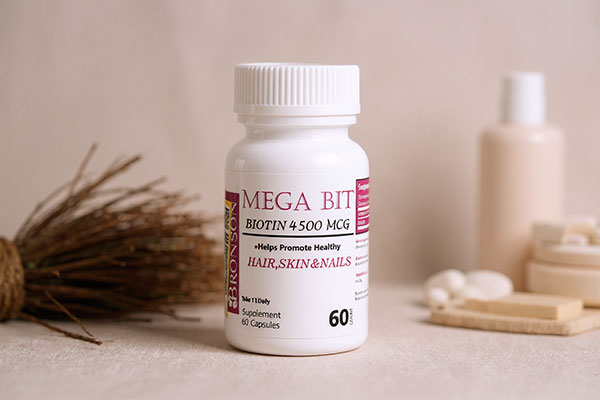 تصویر کپسول بیوتین مگابیت 4500 در کنار عناصر مرتبط با مو و ناخن