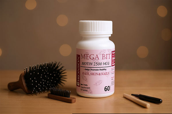 قرص بیوتین مگابیت 2500 برونسون کنار وسایل مراقبت از پوست و مو