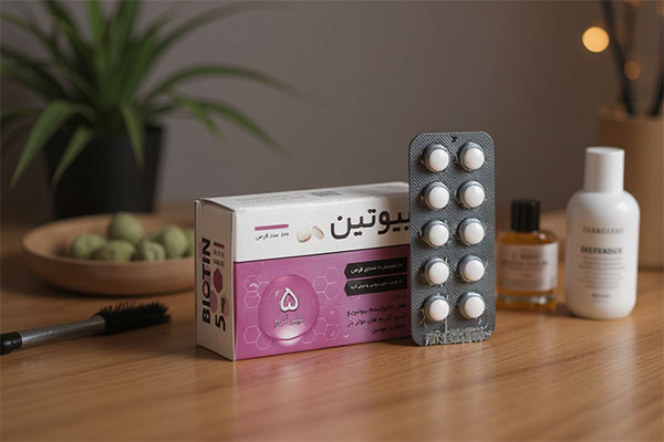قرص بیوتین 5 وانا دارو همراه با محصولات مراقبت از مو و ناخن