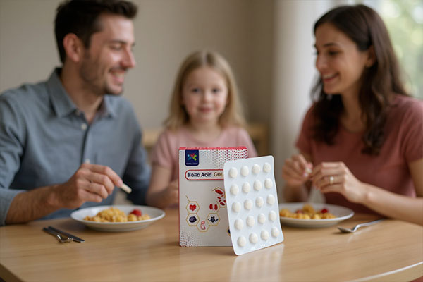 قرص فولیک اسید گلد کنار لیوان آب و وعده غذایی سالم