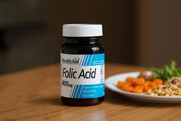 قرص فولیک اسید هلث اید کنار صبحانه سالم