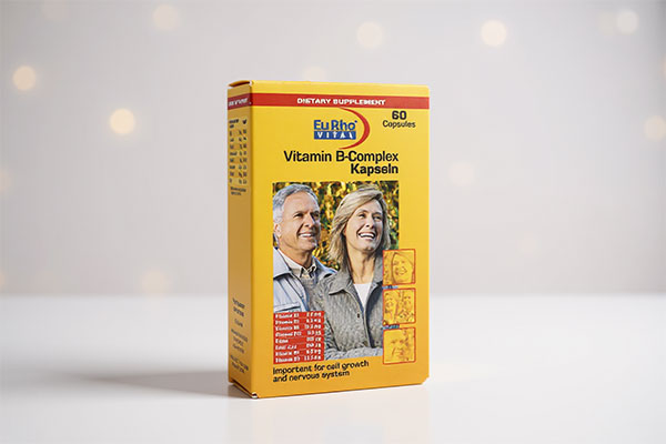 کپسول ویتامین ب کمپلکس یوروویتال روی سطح سفید