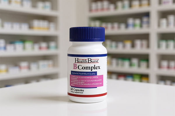 کپسول ب کمپلکس هلث برست روی سطح سفید در داروخانه