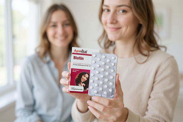 شخصی در حال استفاده از قرص بیوتین آپوویتال 2500 میکروگرمی