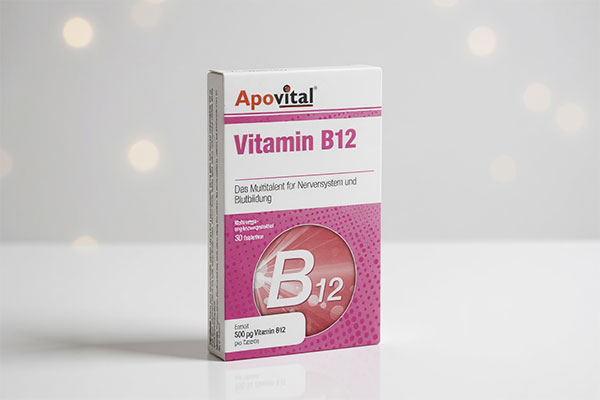 تصویر قرص ویتامین B12 آپوویتال روی سطح سفید