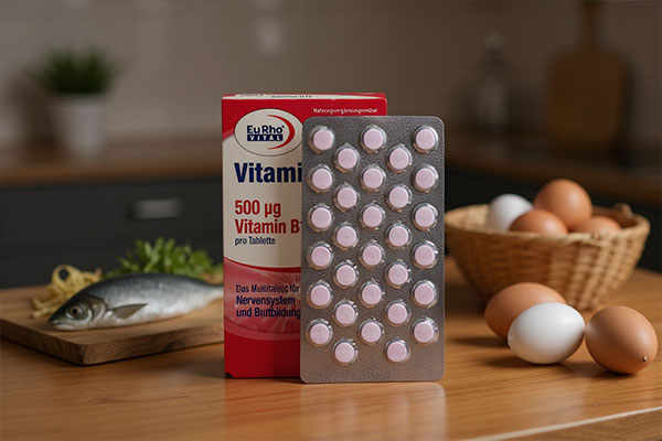قرص ویتامین B12 یوروویتال کنار مواد غذایی سالم