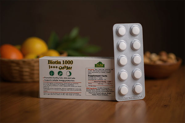 قرص بیوتین 1000 آلفا ویتامینز کنار مواد غذایی سالم