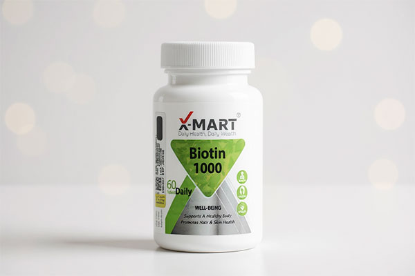 بطری قرص بیوتین 1000 ایکس مارت روی سطح سفید