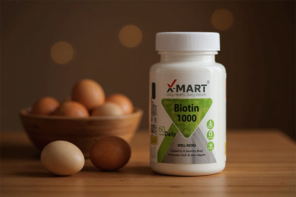 قرص بیوتین 1000 ایکس مارت همراه با مواد غذایی سالم