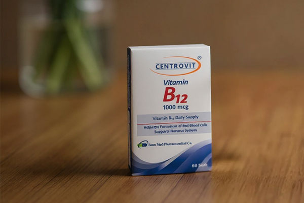 نمای نزدیک کپسول ویتامین B12 سنتروویت 1000 میکروگرمی