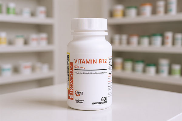 بطری قرص ویتامین B12 برونسون روی سطح سفید