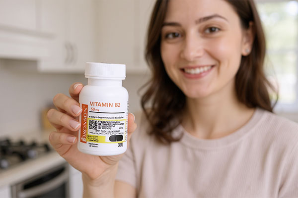 قرص ریبوفلاوین برونسون روی میز چوبی با پس‌زمینه طبیعی