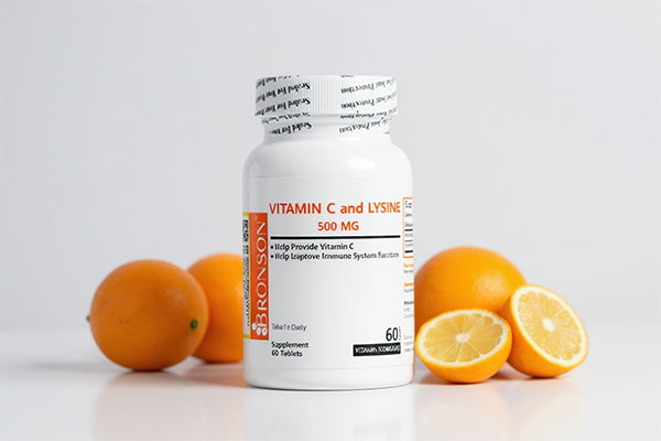 قرص ویتامین سی و لیزین برونسون با میوه‌های سرشار از ویتامین C