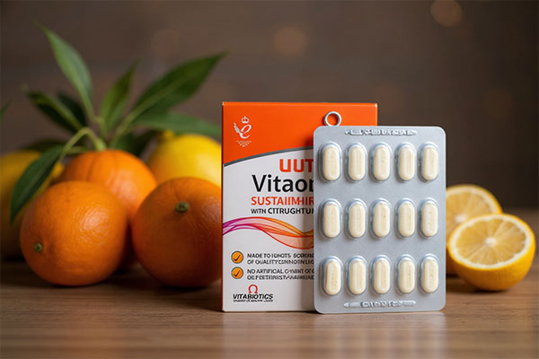 قرص ویتامین سی اولترا کنار لیوان آب در باغ