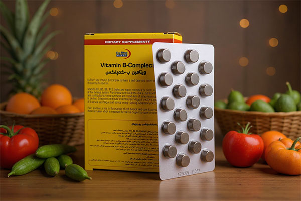 قرص ویتامین ب کمپلکس یوروویتال در کنار میوه‌ها و سبزیجات تازه