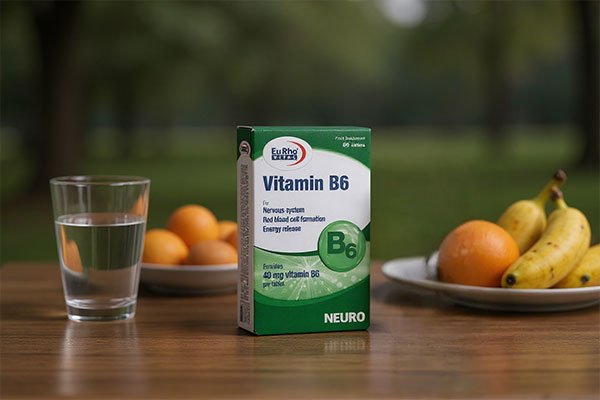 تصویر قرص ویتامین B6 یوروویتال در کنار آب و میوه‌های تازه