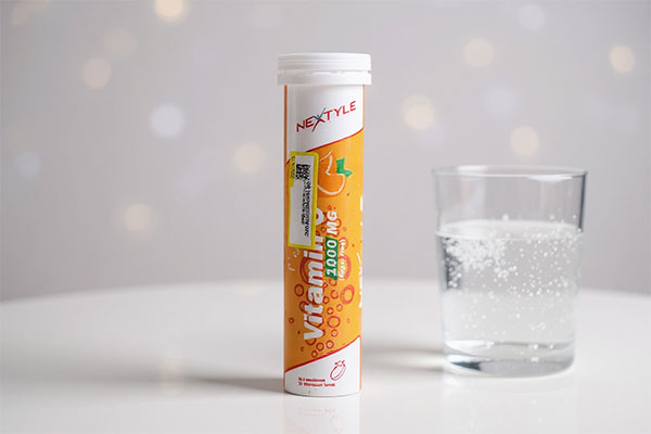 قرص جوشان ویتامین سی 1000 نکستایل در کنار لیوان آب