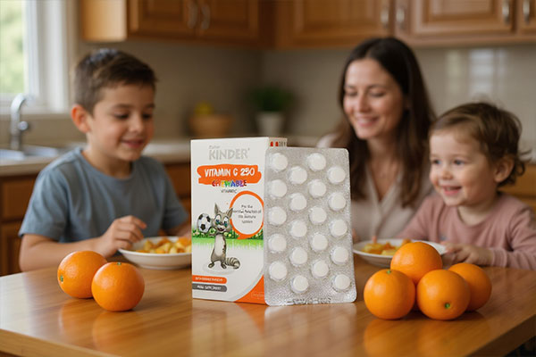 خانواده در حال صبحانه با قرص ویتامین سی فیشر کیندر