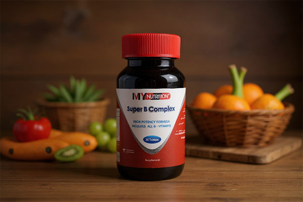 قرص سوپر ب کمپلکس مای نوتریشن کنار مواد غذایی غنی از ویتامین