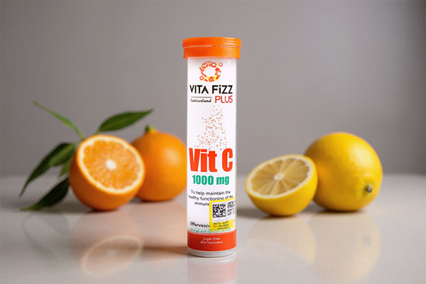 بسته‌بندی قرص جوشان ویتامین سی 1000 ویتافیز با میوه‌های citrus