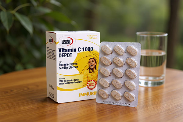 قرص ویتامین سی آهسته رهش یوروویتال روی میز چوبی